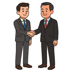 Two cartoon businessmen shaking hands, symbolizing business partnership, agreement, deal, and collaboration.