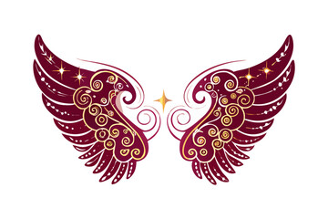 Dark red swirl angel wings with golden stars