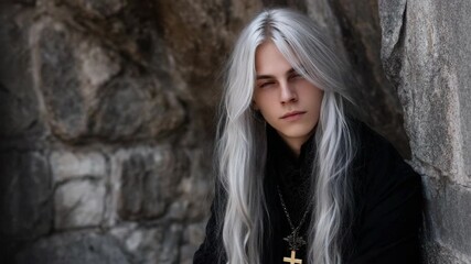 Young caucasian male with long silver hair against rock wall background