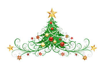 Green Christmas tree with swirl garlands and golden star