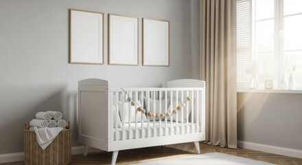 Cozy modern nursery design with white crib and neutral curtains by large window