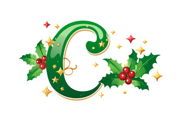 Decorative green Christmas letter C with holly leaves