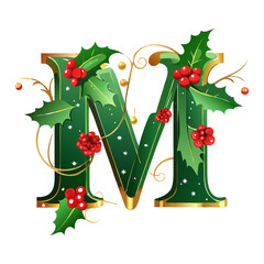 Green Christmas letter M with holly leaves and red berries