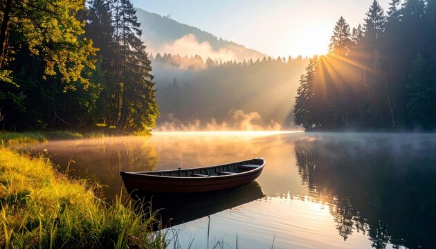 A serene lake scene at dawn, featuring a lone wooden boat floating on the water amidst rising mist and golden sunbeams filtering through the trees.