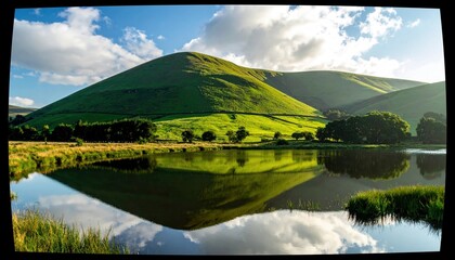 A serene landscape featuring a calm lake mirroring verdant, undulating hills under a dynamic sky with sunlit clouds.