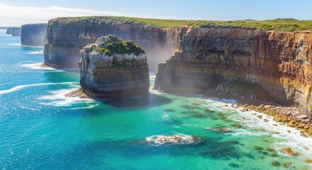 Aerial view of cliffs and rock formations along the great ocean road