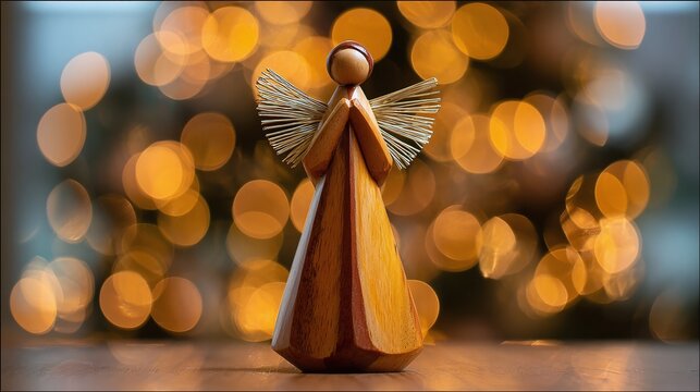 Rustic charm and holiday magic converge! This handcrafted wooden angel radiates warmth against a backdrop of twinkling lights, embodying the spirit of peace and goodwill.