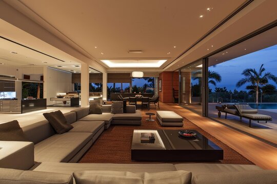 Luxurious open plan living room with integrated kitchen and dining area leading to a patio and infinity pool overlooking a tropical landscape at dusk