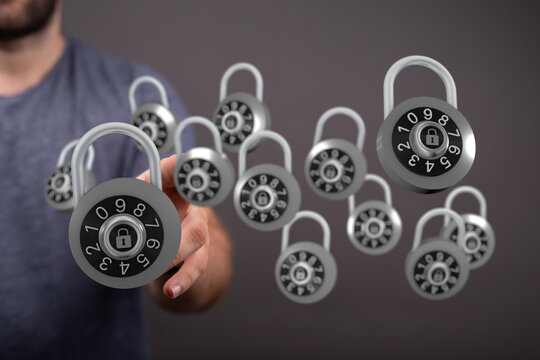 Concept of cybersecurity with a hand interacting with digital locks, representing online safety, data protectio