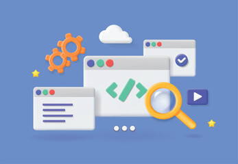 Concept of computer programming or developing software or game. Vector 3d illustration with coding symbols and programming windows.