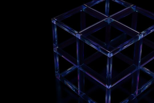 Abstract geometric cube structure made of glowing blue glass on a dark background - Powered by Adobe