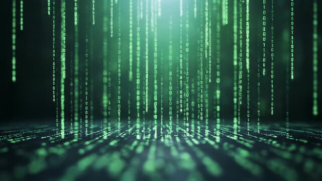 Green binary code falling data stream digital background technology