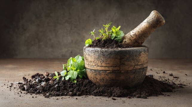 Rustic mortar and pestle with soil and fresh green herbs: a still life evoking nature, wellness, and natural remedies. Evokes gardening and eco-consciousness.