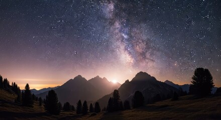 Night sky with milky way over mountain range and trees silhouette view