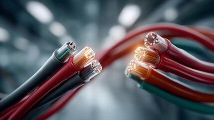 Close up of glowing red and black electrical cables with exposed copper wires blurred industrial background, showing detailed texture and vibrant