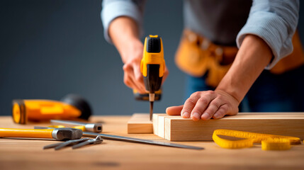 Carpenter using electric drill on wooden boards with tools on workbench during woodworking project