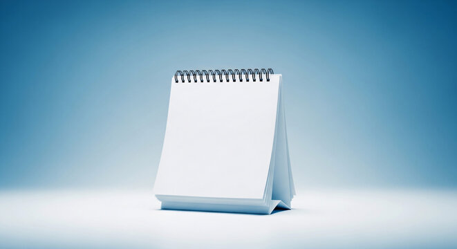 A blank white spiral bound desk calendar stands against a soft blue gradient background in a studio setting