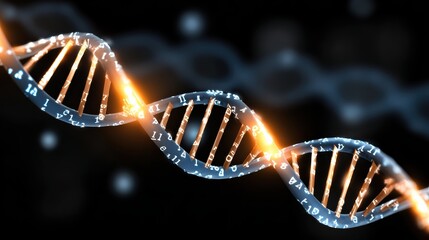 A glowing DNA double helix with illuminated strands, representing genetic information and molecular biology.