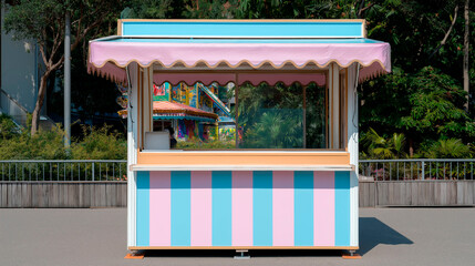 Colorful empty kiosk with striped pastel facade and pink canopy in front of trees at amusement park on a sunny day
