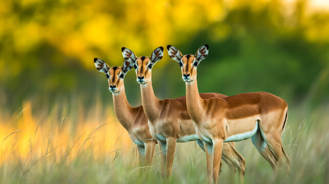 A nature photograph of three impalas standing in tall golden grass, captured in sharp detail against a soft, blurred green background.