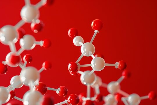 3d rendering of multiple white and red molecules floating and connecting on a red background