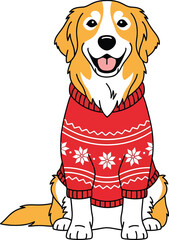 A happy golden retriever dog wearing a festive red Christmas sweater with white snowflake patterns.
