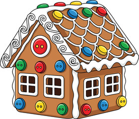 A cartoon illustration of a gingerbread house decorated with colorful candy buttons and white icing.