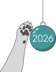 A cute cat paw reaching for a teal Christmas ornament with the year 2026 printed on it, symbolizing the upcoming new year.