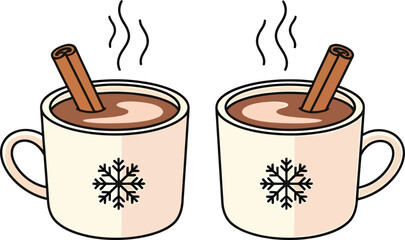 Two steaming mugs of hot chocolate with cinnamon sticks and snowflake designs.