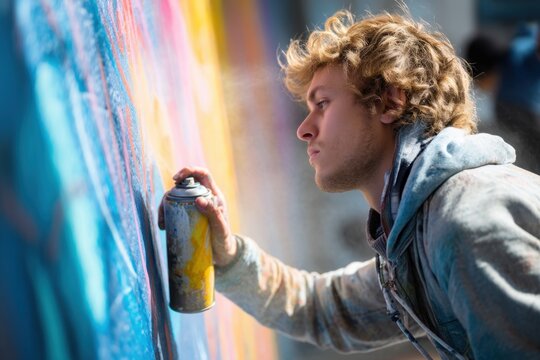 Young man with curly hair is spray painting a vibrant mural on a wall, showcasing artistic expression and creativity in an urban environment with colorful textures