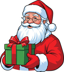 A cheerful Santa Claus wearing his iconic red suit and hat, holding a green gift box with a red ribbon.