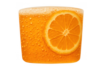 Refreshing orange soda drink with effervescent bubbles and a citrus slice, providing a cold, delicious beverage for summer, transparent background