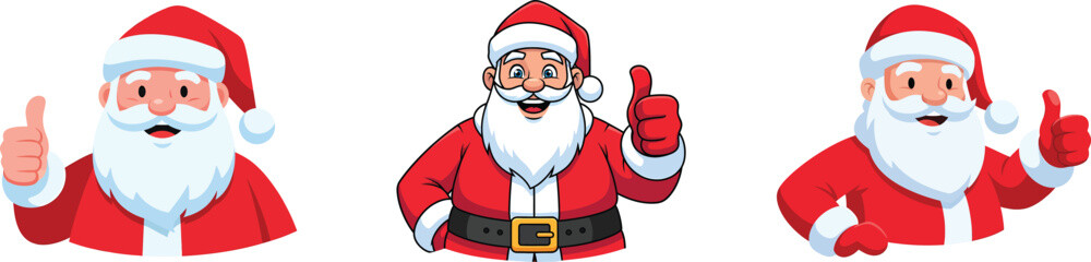 Three cartoon illustrations of Santa Claus giving a thumbs up gesture, each with a slightly different expression and pose.