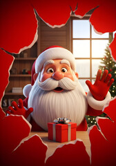 Cheerful 3D Santa Claus bursts through torn red paper holding a shiny Christmas gift. Perfect for holiday promotions, greeting cards, social media posts, banners, and festive advertising. Vibrant colo
