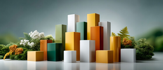 Modern cityscape model with colorful rectangular buildings surrounded by lush green trees and plants, creating vibrant urban nature scene