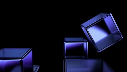 Three abstract translucent purple cubes with glowing edges on a black reflective surface