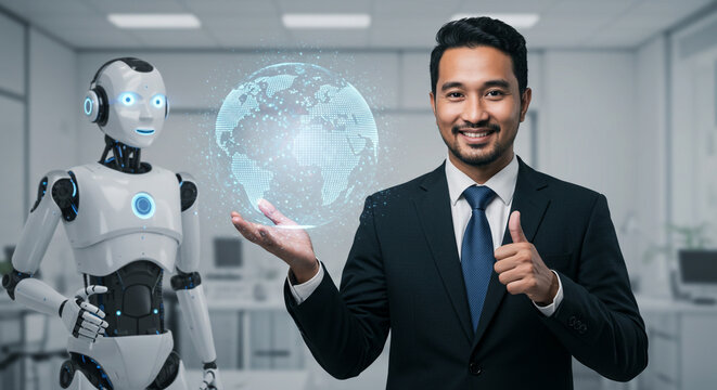 Confident businessman partners with futuristic robot to showcase global digital innovation and future technology for worldwide business growth and connectivity
