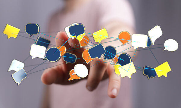 Hand touching network of speech bubbles representing communication, ideas, and connectivity. Concept of social - Powered by Adobe
