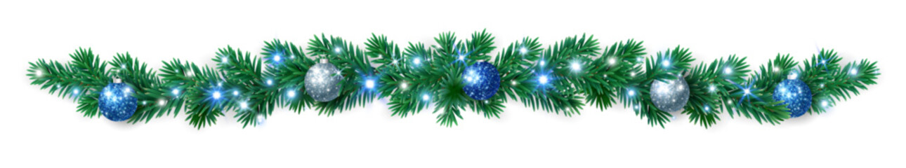 Fototapeta premium Christmas tree garland with blue, white, and silver baubles and glowing lights. Elegant festive border for Christmas design, cards, and decorations.