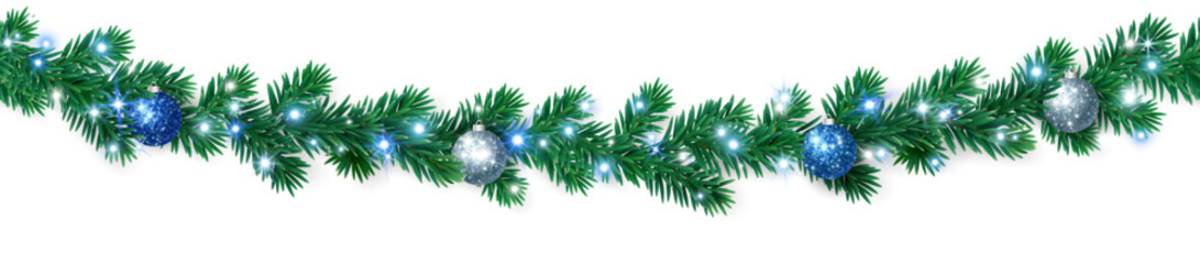 Seamless Christmas tree garland with blue, white, and silver baubles and glowing lights. Elegant festive border for Christmas design, cards, and decorations.