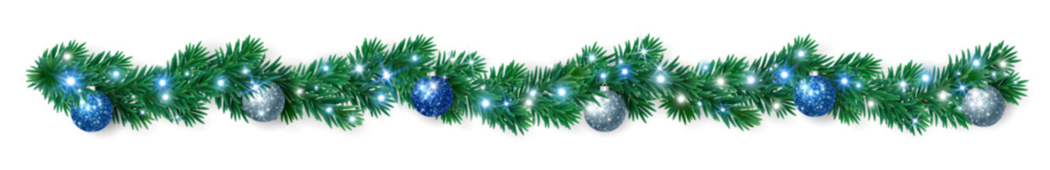Christmas tree garland with blue, white, and silver baubles and glowing lights. Bright festive border for Christmas banners, cards, and winter decorations.
