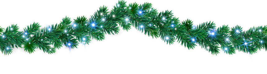 Seamless Christmas tree garland with blue and white glowing lights on lush fir branches. Elegant festive border for banners, cards, and Christmas designs. © Olga Prozorova