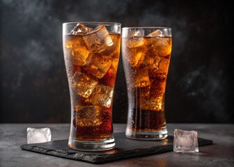 Photo of two tall glasses filled with dark cola and ice cubes, standing on a slate plate with ice cubes scattered around, against a dark moody background
