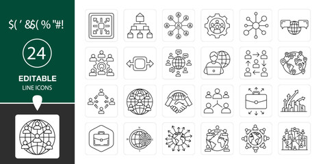 Outsourcing Line Icon Set — Modern Thin Editable Stroke Vector Symbols of Business, Company, Teamwork, Global Outsource, and Remote Operations