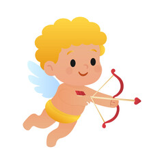 Cute flying Cupid with a bow and arrow in the heart illustration for Valentine's Day