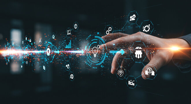 Futuristic hand interacting with glowing digital interface displaying business growth icons and innovation symbols, signifying digital transformation and data analysis.