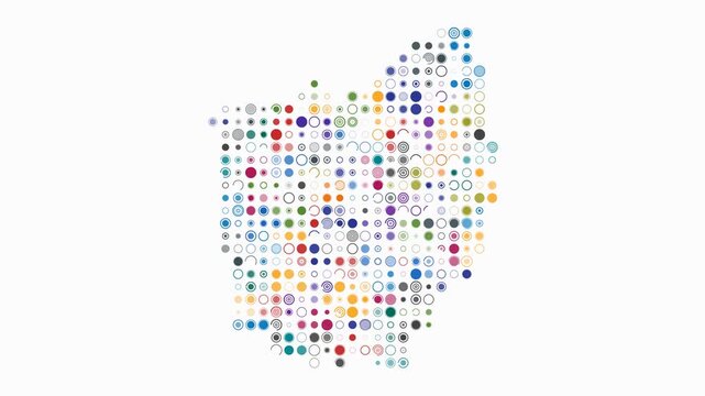 Ohio animated shape. Pulsating colored dots on the map of the state. Large size circle blocks. Digital style Ohio map on white background. Trending animation video.