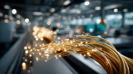 Fiber optic cable glowing with bright light in modern technology factory environment