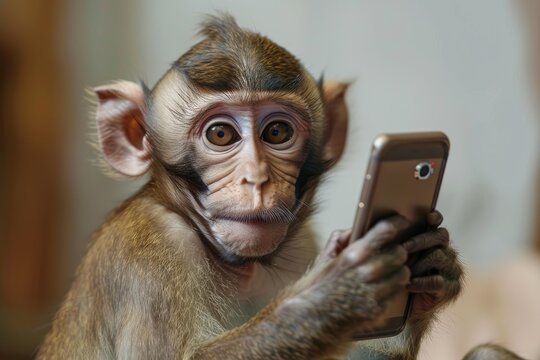Monkey using a mobile phone, exploring modern technology and communication