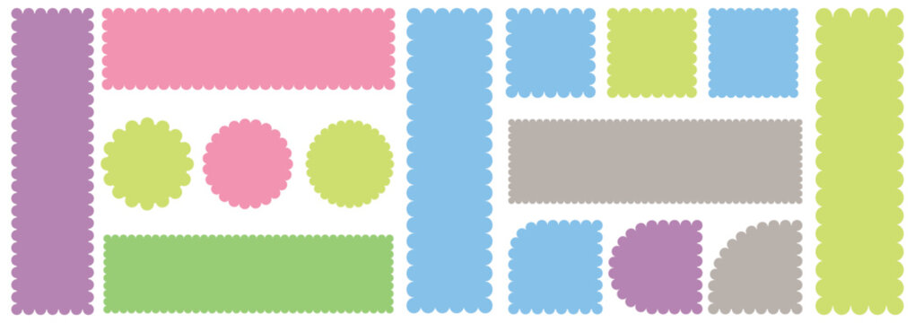 Geometric shapes with scallop and zigzag edges set. Zig zag edge circle, square, rectangle, round shape collection. squared wavy frames set,Wiggle Line,Scalloped edge seamless set